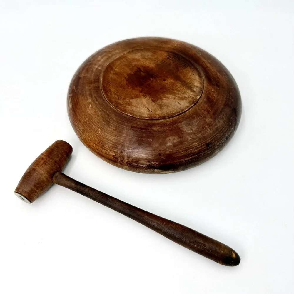 Vintage Mid Century Wood‎ Nut Bowl with Mallet Brass Anvil Center 9 Inch Round